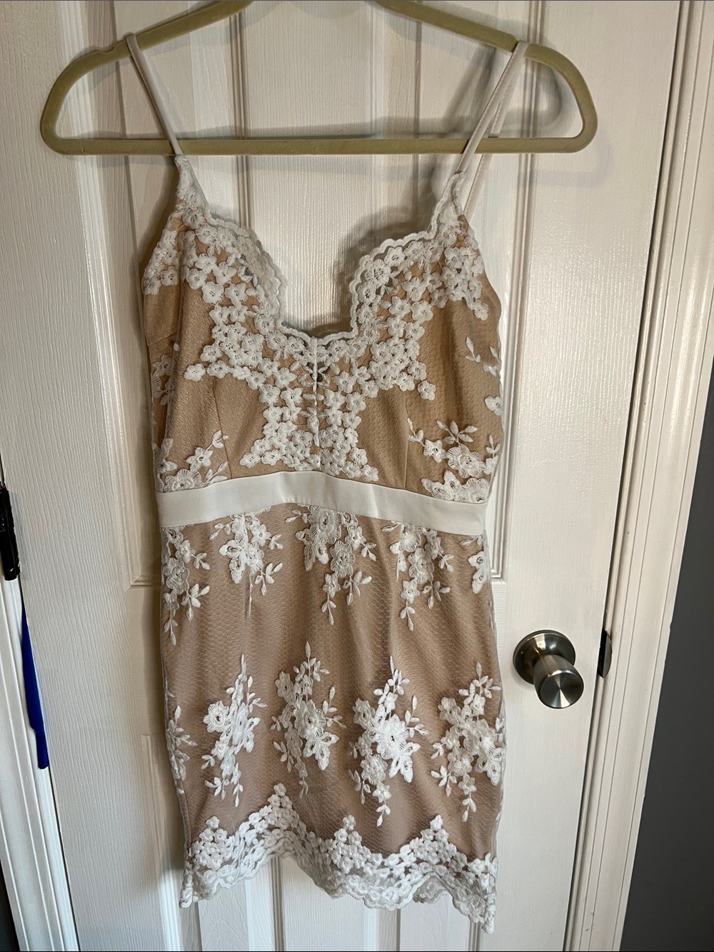 Charlotte Russe Beige Slip Dress with White Lace Appliqué